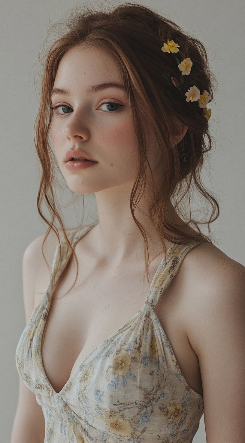 A young woman with a loosely pinned-up messy updo, featuring face-framing tendrils and small floral accents, wearing a soft, floral-printed dress.