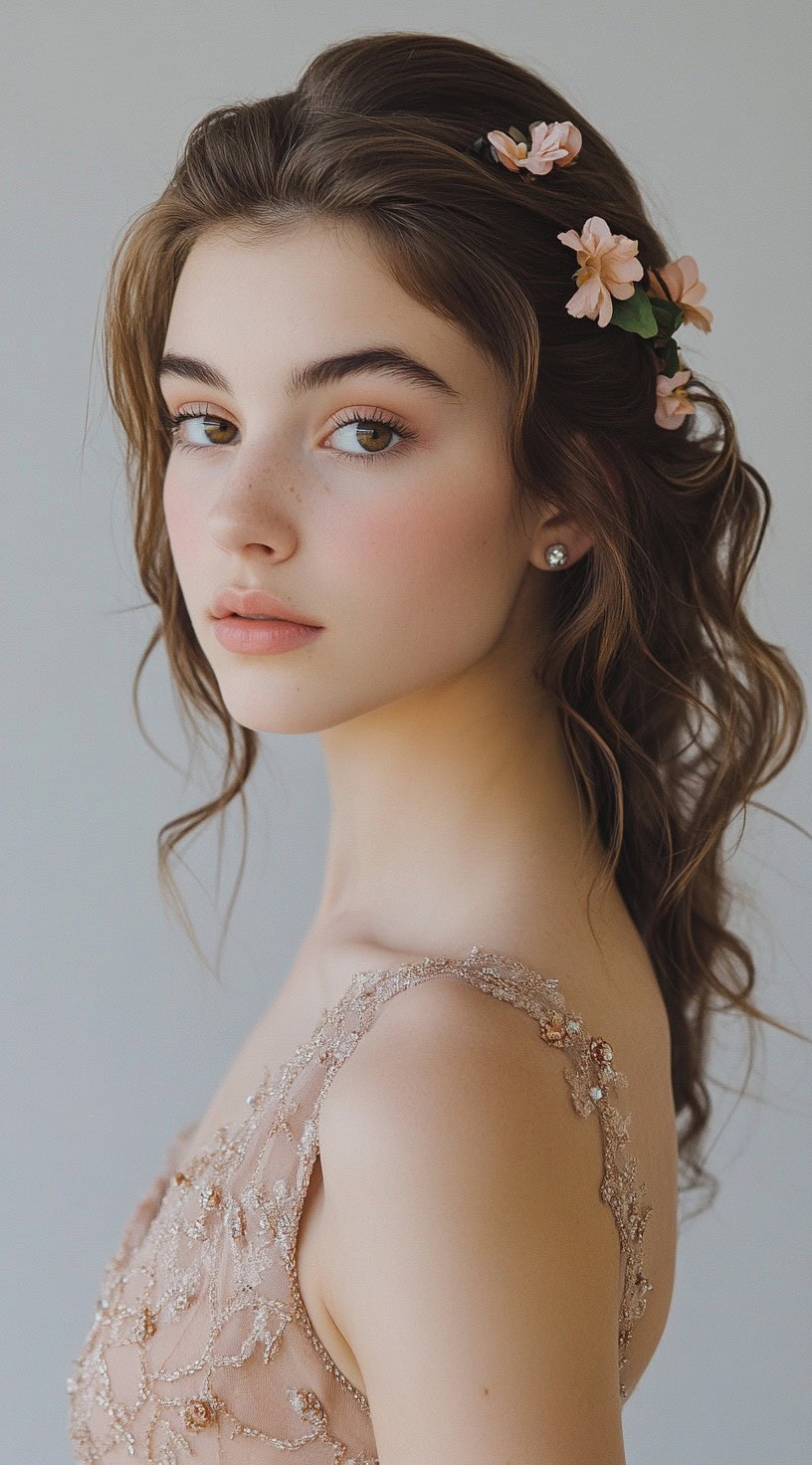 A young woman with romantic half-up twisted waves, adorned with soft floral accents, wearing a delicate blush-colored dress.