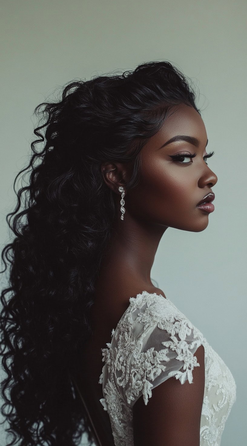 A woman with cascading back-swept curls, wearing an embroidered white gown with diamond drop earrings.