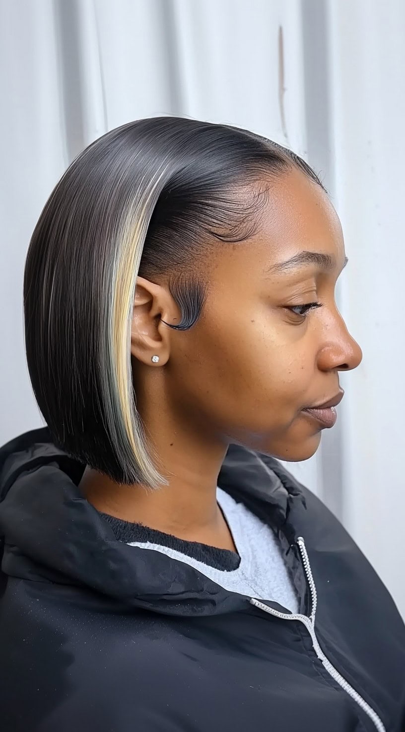A side-profile view of a woman with a sleek, straight blunt bob featuring face-framing blonde highlights.