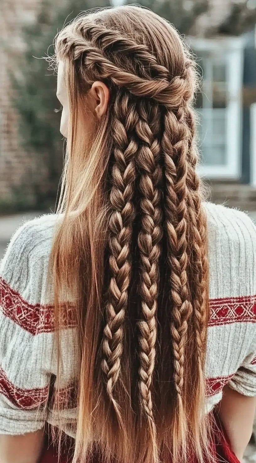 A woman with long, chestnut brown hair styled in an intricate half-up look with multiple three-strand braids cascading down her back.