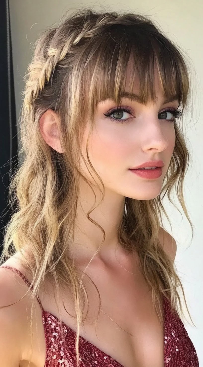 A woman with loose, wavy hair styled with a side braid and wispy bangs, wearing a sequined dress.