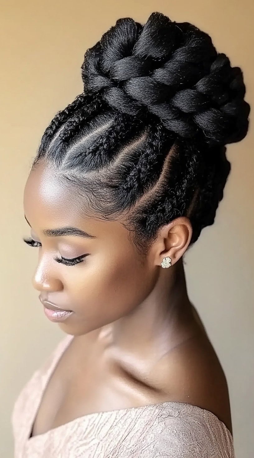 A woman with a high braided bun, featuring neatly sectioned cornrows leading into thick woven braids wrapped around the crown.