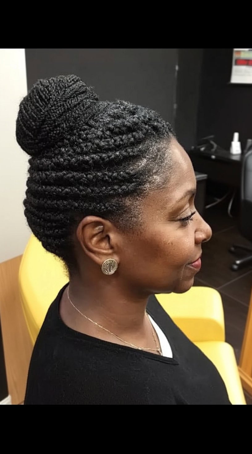 Side view of a woman wearing a neatly braided crown hairstyle leading into a textured bun.