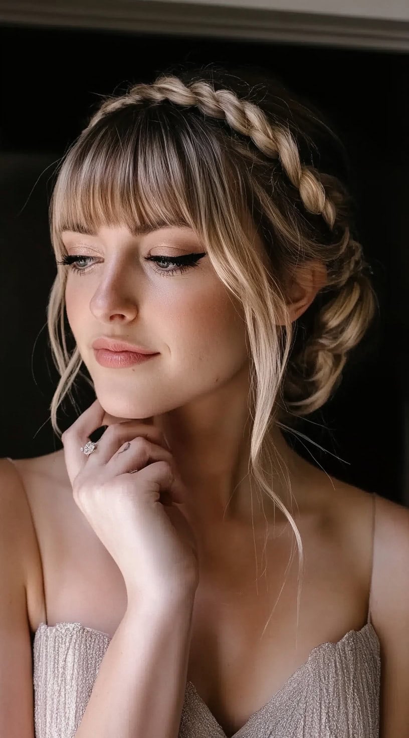 A woman with a braided crown updo, blunt bangs, and loose tendrils framing her face, wearing soft makeup and a strapless gown.