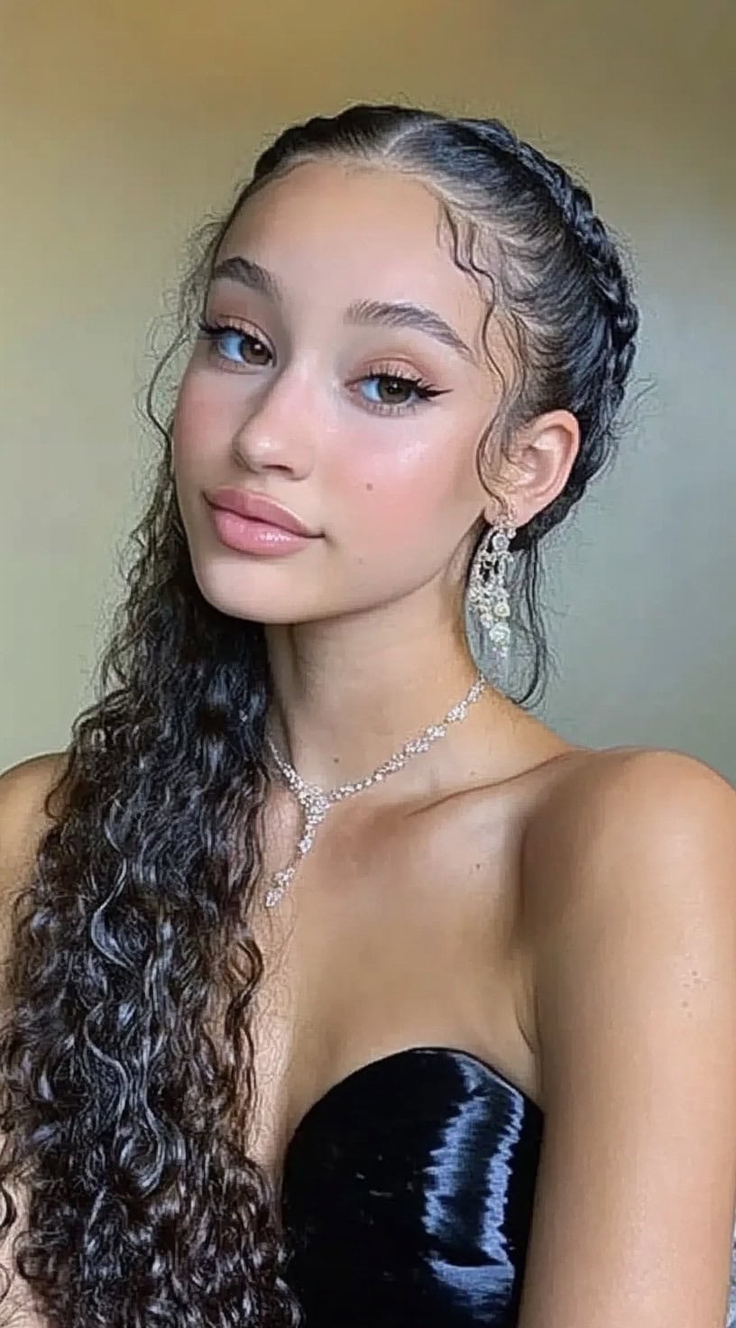 A young woman in a black strapless dress with a braided crown, sleek edges, and long, loose curls cascading over one shoulder.