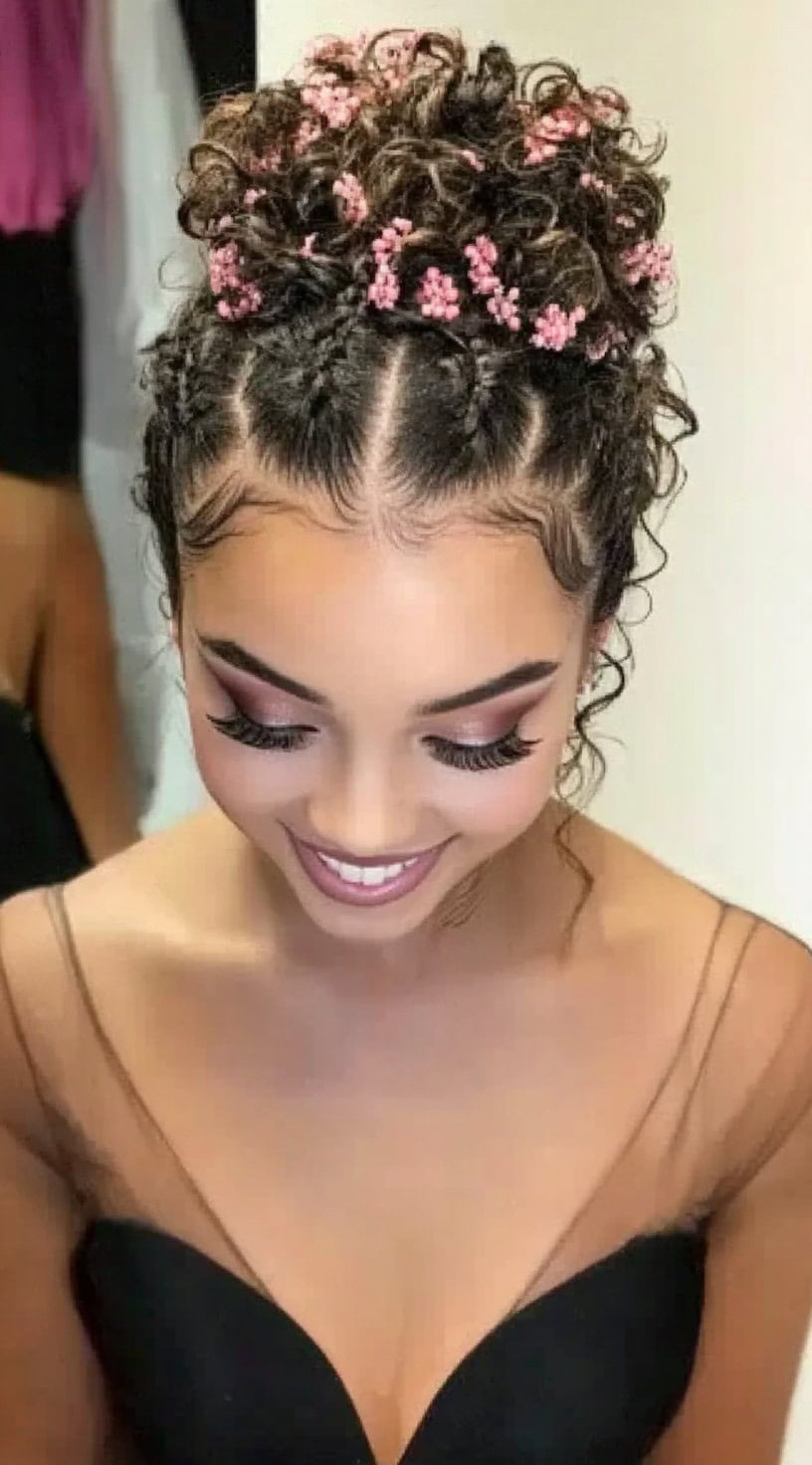 A woman with a braided curly updo adorned with tiny pink floral accessories, wearing a black mesh dress and glamorous eye makeup.