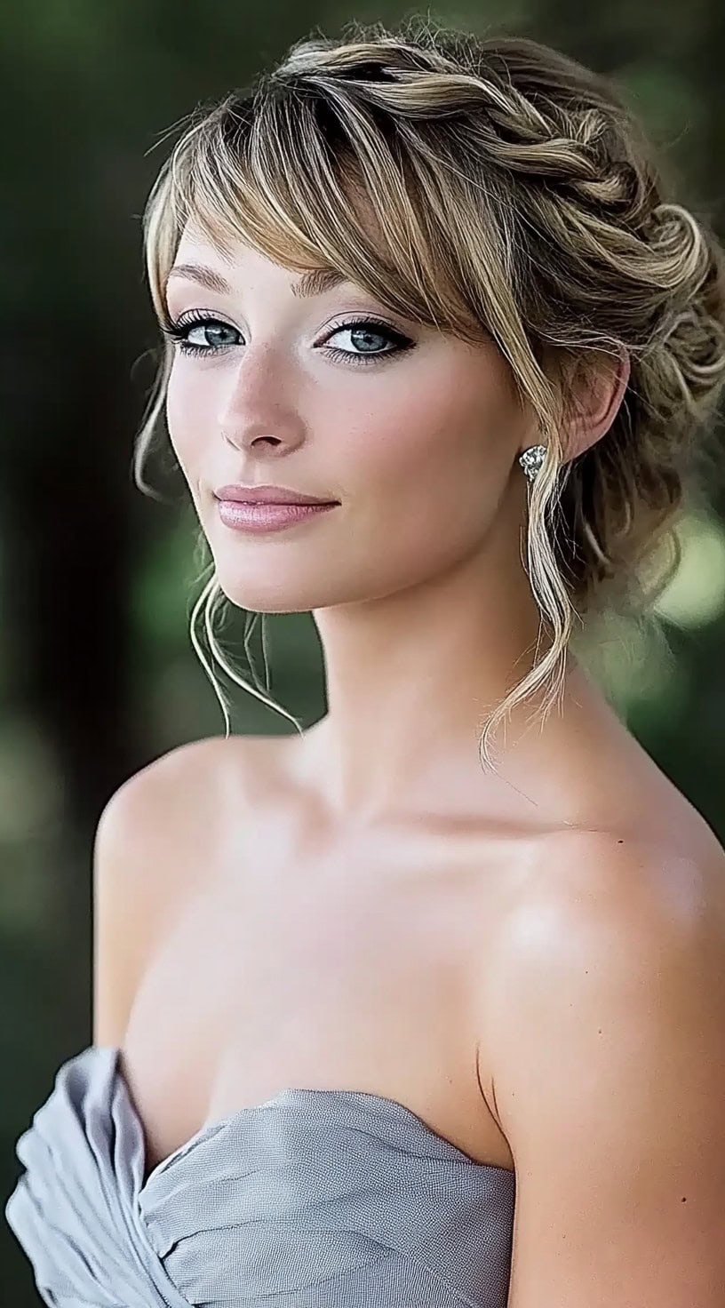 A woman in a gray strapless dress with a braided low bun, soft bangs, and loose tendrils framing her face.