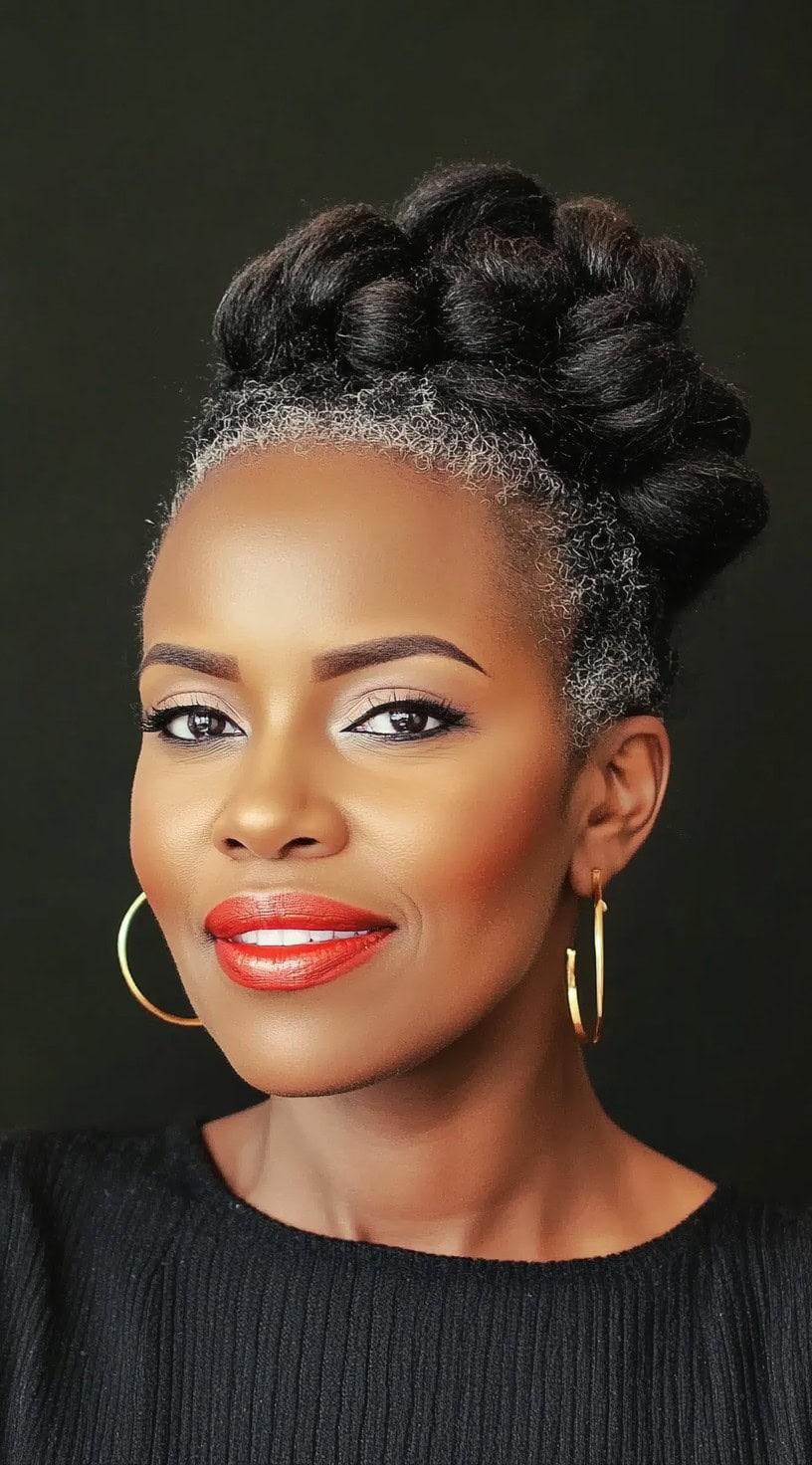 A smiling older black woman with a braided top bun hairstyle showcasing natural gray roots blending into darker hair.
