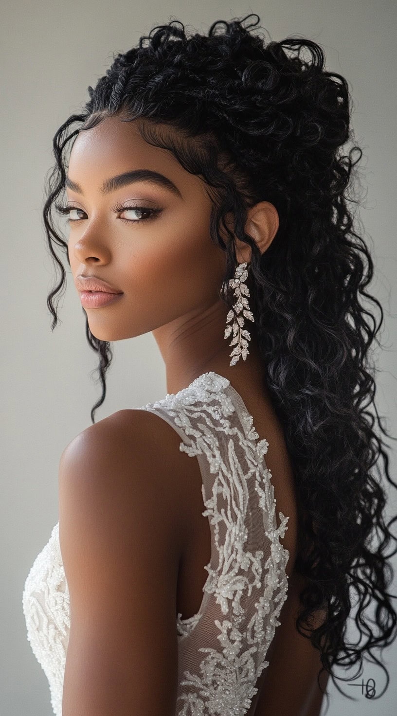 A woman with a bridal half-up curly hairstyle, featuring soft tendrils framing her face, wearing an elegant white lace gown and statement earrings.