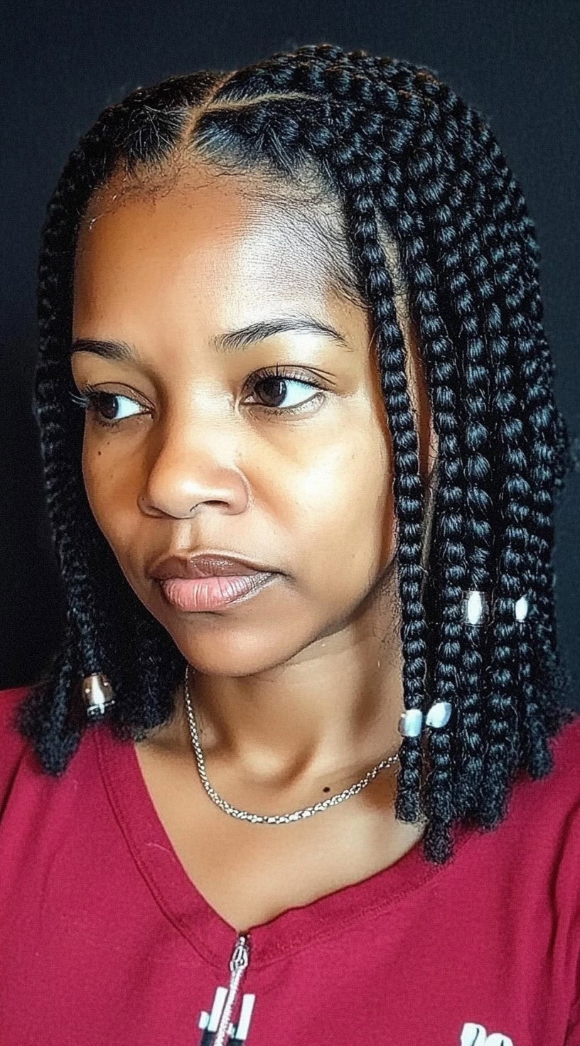 A woman with chin-length knotless braids adorned with clear beads at the ends for a stylish finish.