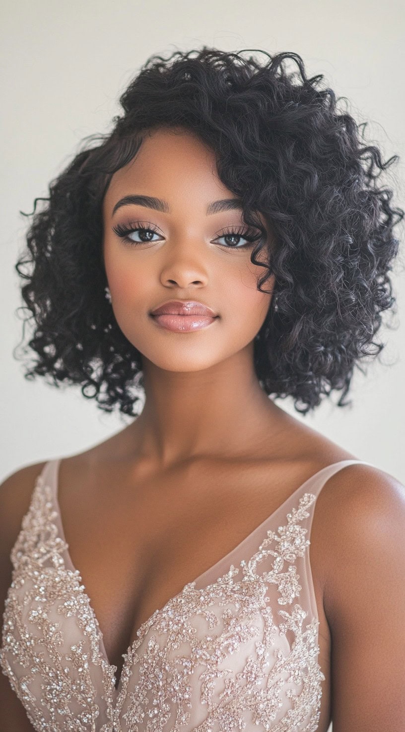 A woman with a classic, voluminous curly bob styled with soft layers and a deep side part, wearing a sparkling blush gown.