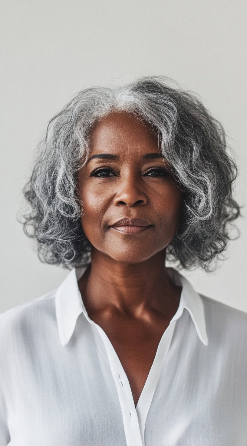 A graceful older Black woman with a naturally curly bob, featuring silver highlights and a soft, voluminous finish.