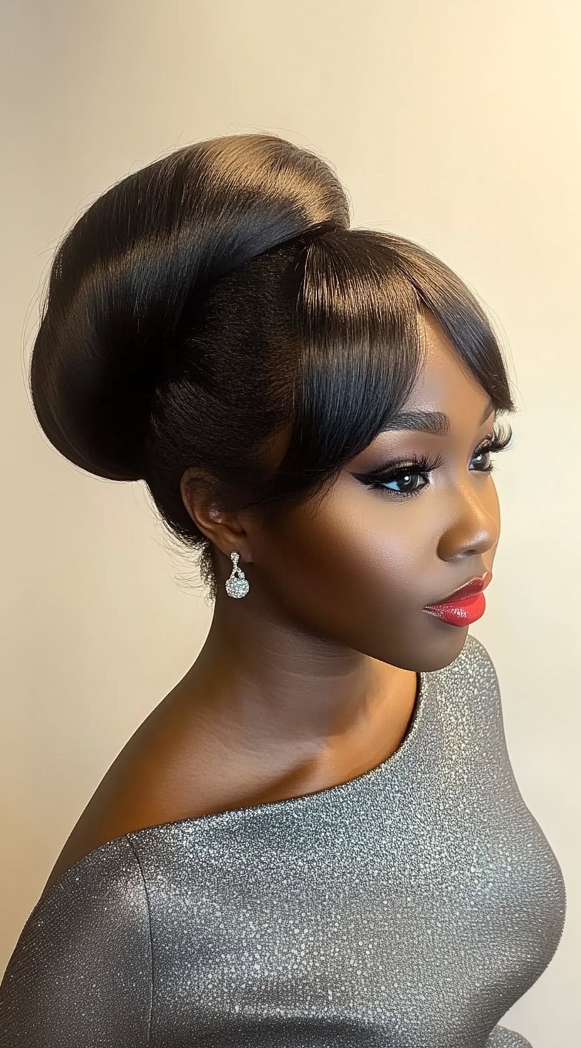 A woman with a sleek French roll updo featuring voluminous structure and soft wispy bangs, exuding timeless elegance.