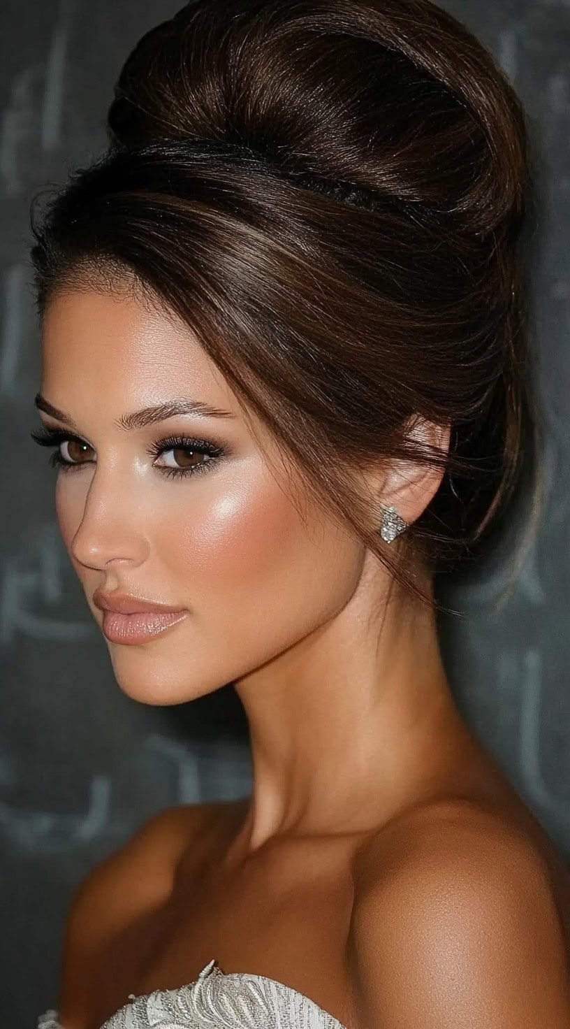 A woman in a white strapless gown with a voluminous French twist updo and soft face-framing tendrils.