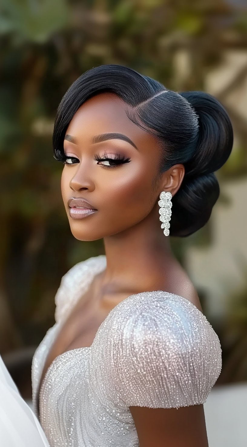 A woman with a deep side-parted, sleek bun featuring smooth, glossy waves cascading into a structured low chignon.