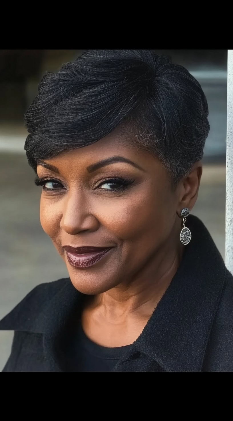 A sophisticated older Black woman with a classic layered pixie cut and side bangs, exuding elegance in a black outfit.