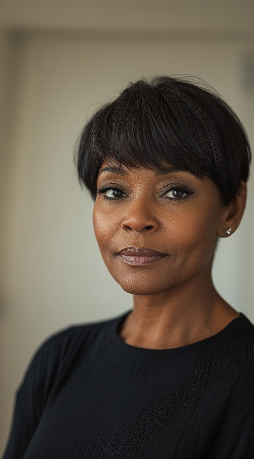 A refined older Black woman with a short, rounded bob and soft side-swept bangs, exuding timeless elegance.