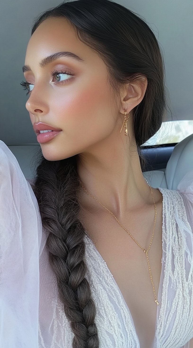 A woman with long, dark brown hair styled in a classic side braid, wearing a white lace dress and delicate gold jewelry.