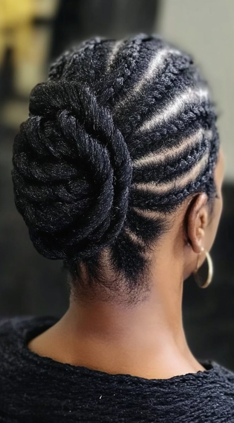 Rear view of a woman's hair neatly cornrowed into a spiral-shaped bun at the back, showing clean parts and meticulous braiding.
