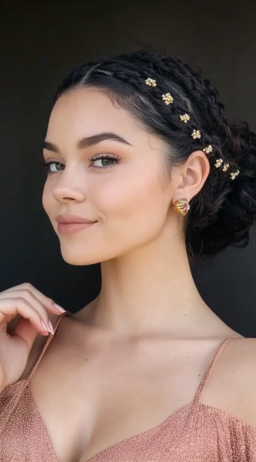 A woman with an intricate braided updo adorned with small gold flower accents, wearing a soft pink dress and subtle makeup.