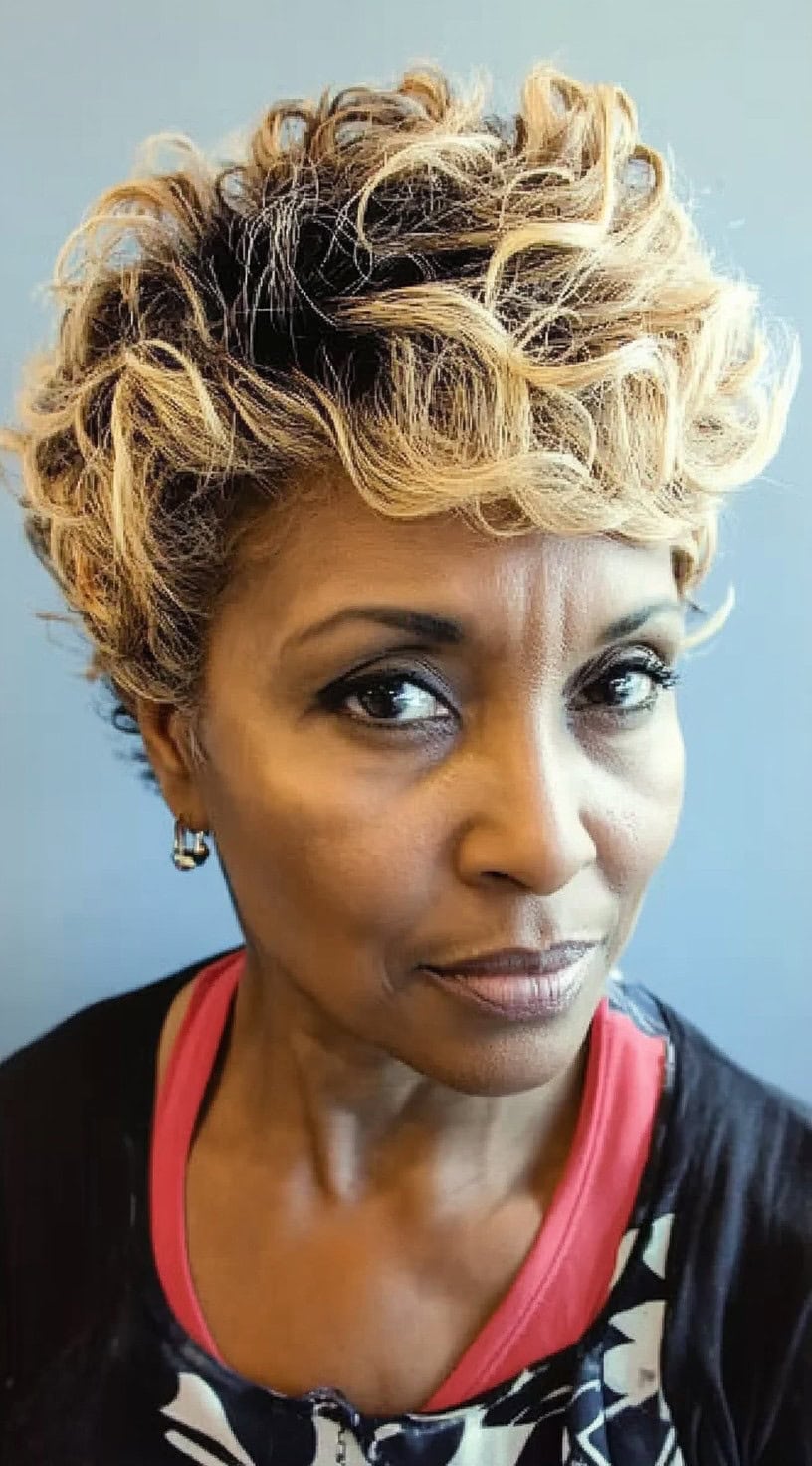 A confident older Black woman with a voluminous, curly blonde pixie cut with dark roots, looking stylish and poised.