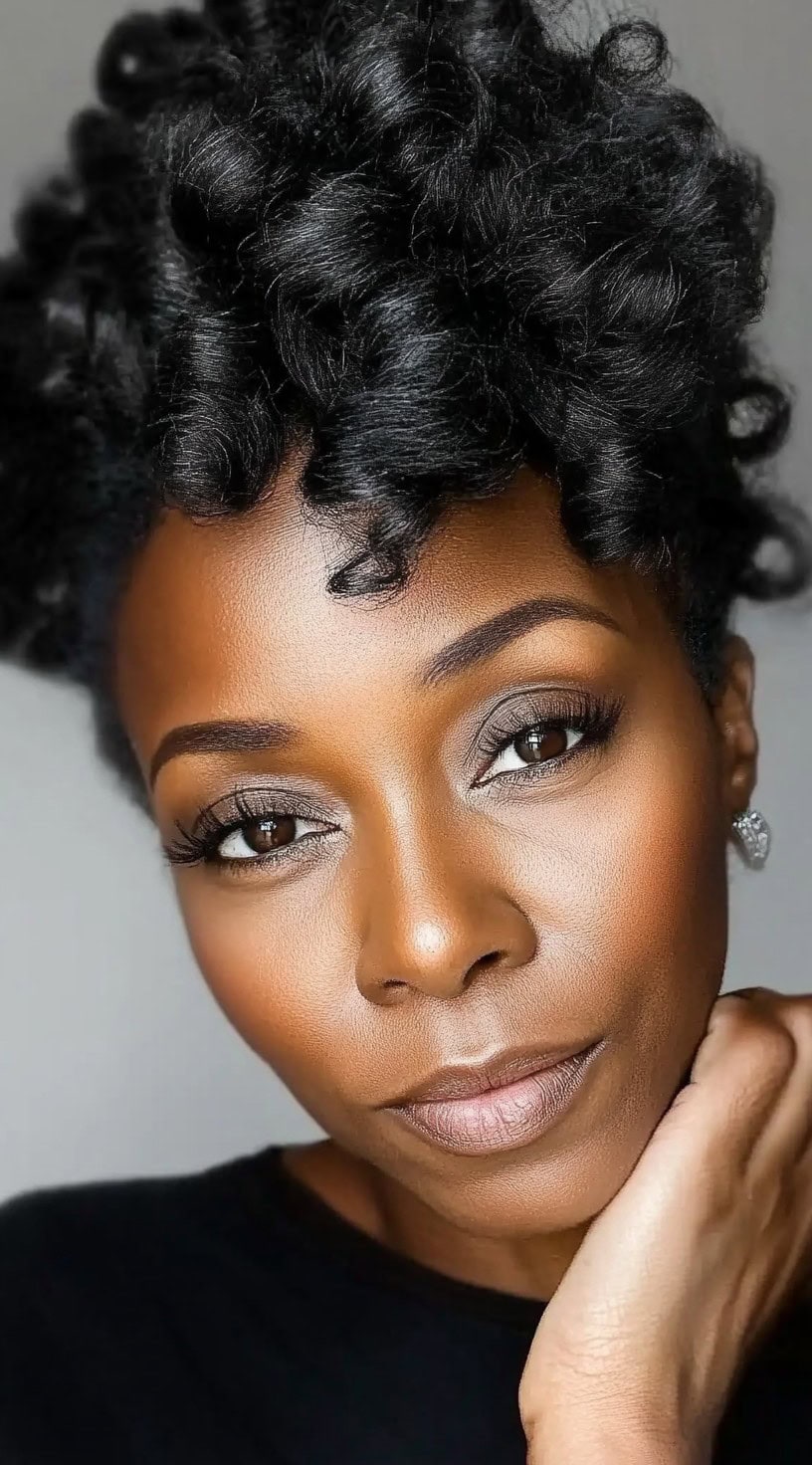 A close-up of an older black woman confidently sporting a curly faux-hawk updo hairstyle.