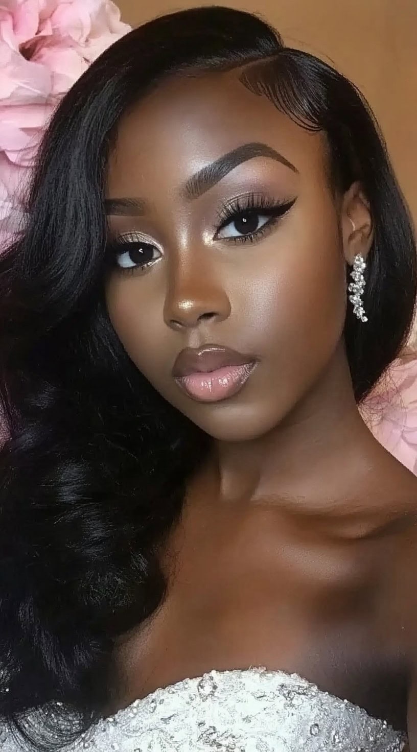 A woman with long, side-parted Hollywood waves styled in a smooth, glossy finish, creating a timeless and elegant look.