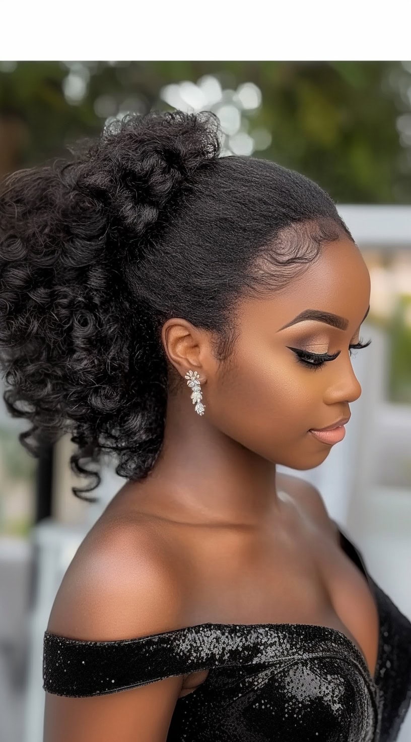 A woman with a voluminous, high curly ponytail and precisely sculpted edges, styled in a soft yet structured fashion.