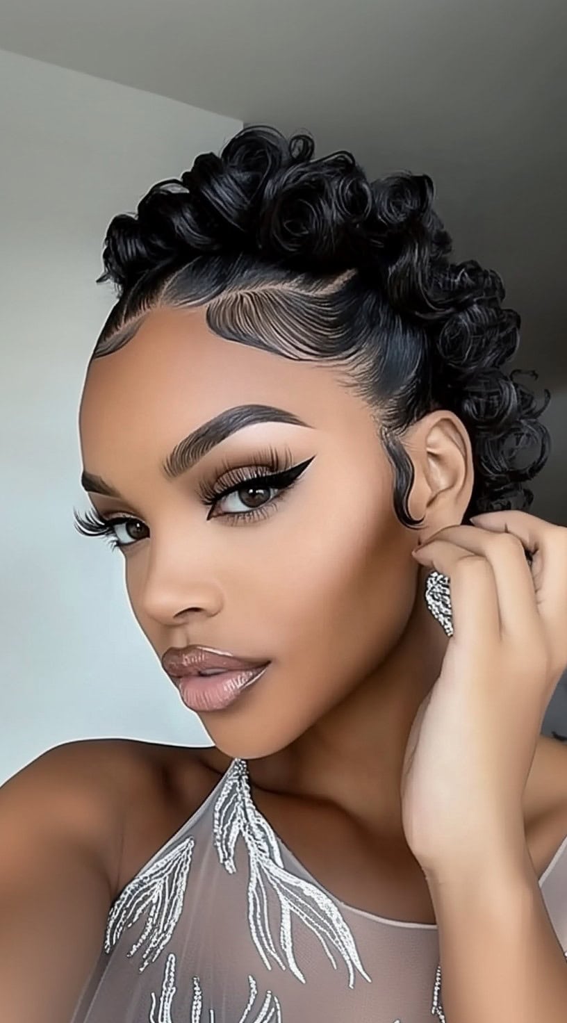 A woman with a high updo made of structured finger coils, complemented by precisely styled baby hairs along the hairline.