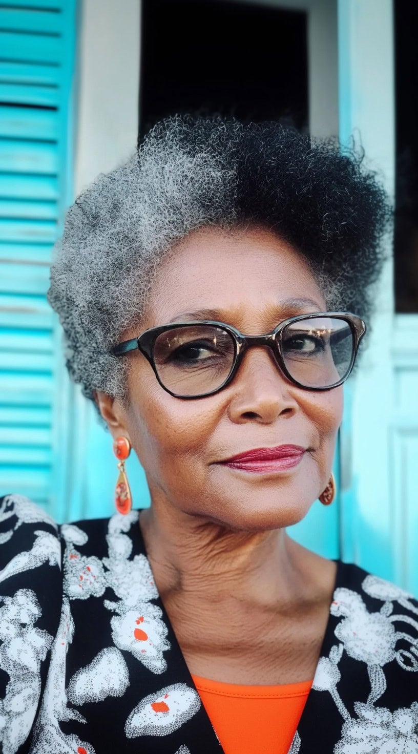 A confident older Black woman with a naturally textured afro, featuring a striking blend of silver and black, set against a colorful background.
