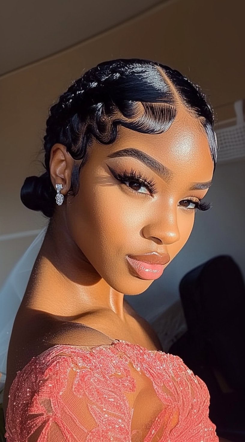 A woman with a sleek, low bun featuring intricate finger waves along the hairline, completed with a middle part and a bridal-inspired finish.