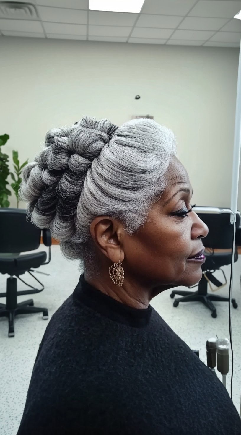 Profile view of a mature woman with silver-gray hair styled into an elegant flower-shaped bun with smooth, graceful detailing.