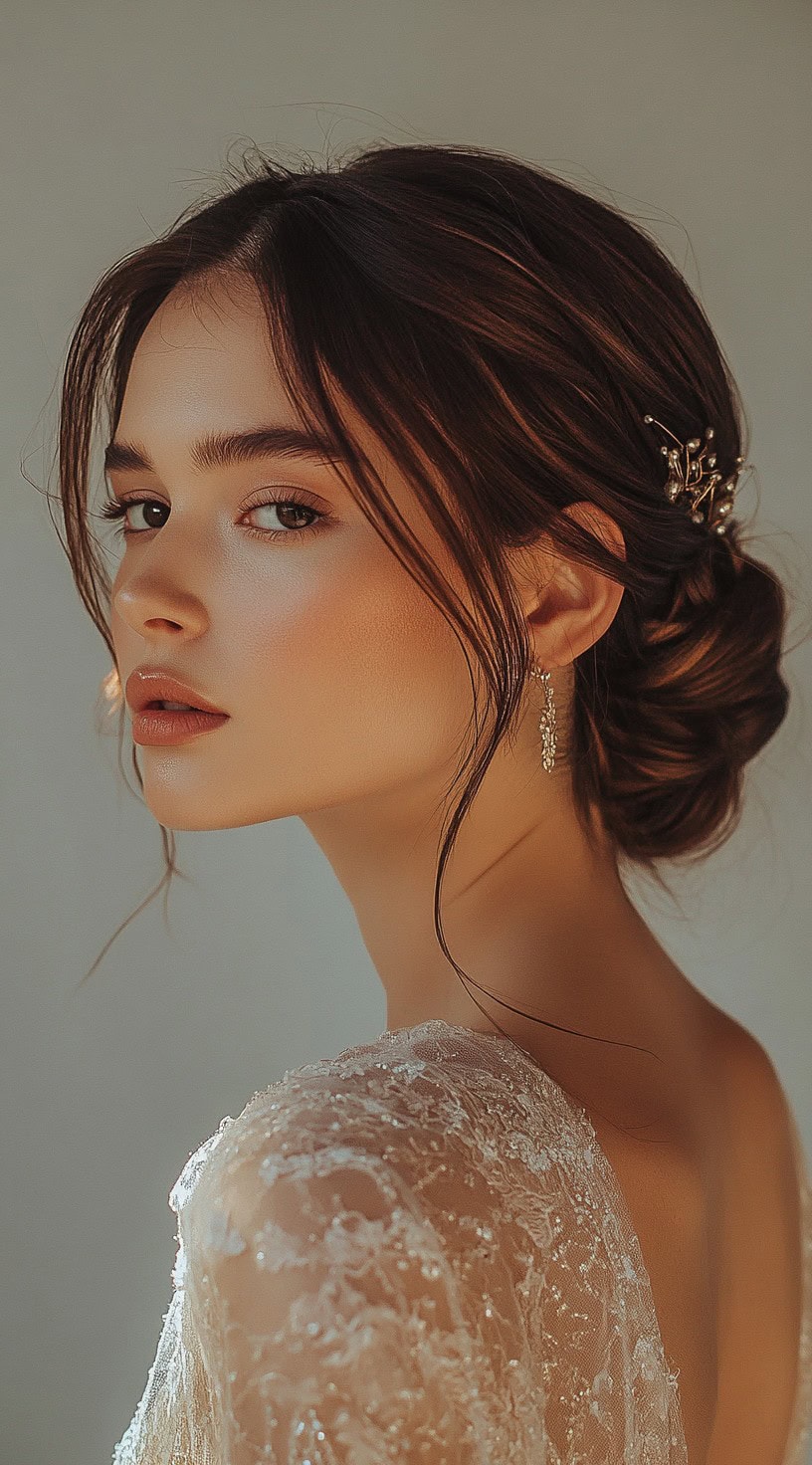 A woman with dark brown hair styled into a soft low bun, with delicate face-framing strands and a gold hair accessory adding a refined touch.