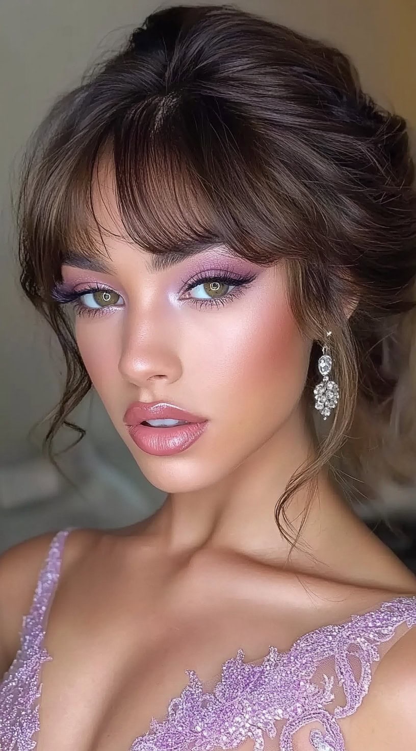 A woman with a softly pinned low updo, featuring wispy bangs and loose tendrils, wearing a shimmering lavender gown and statement earrings.
