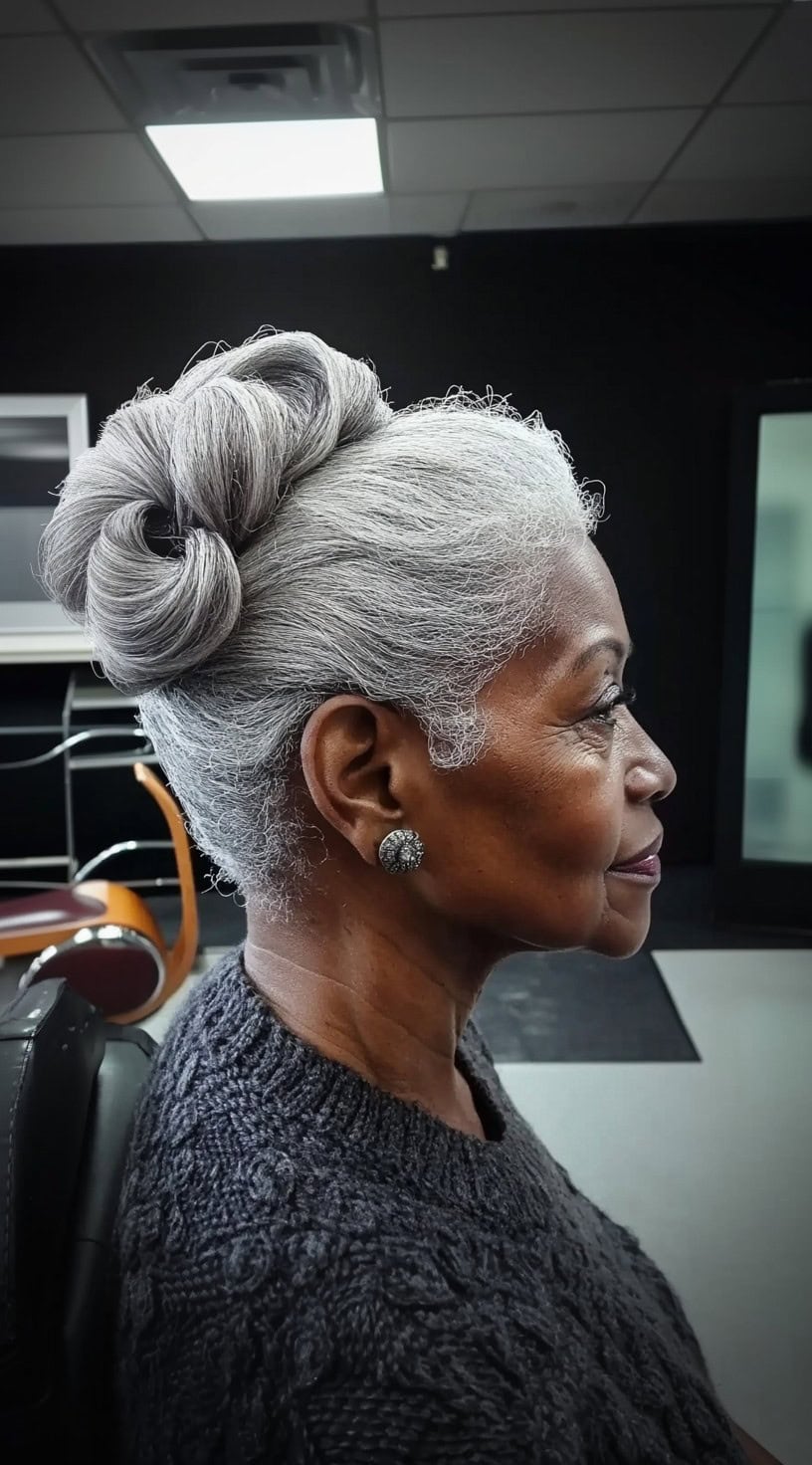 Side view of a woman showcasing a neatly styled gray and white hair bun with twisted detailing.