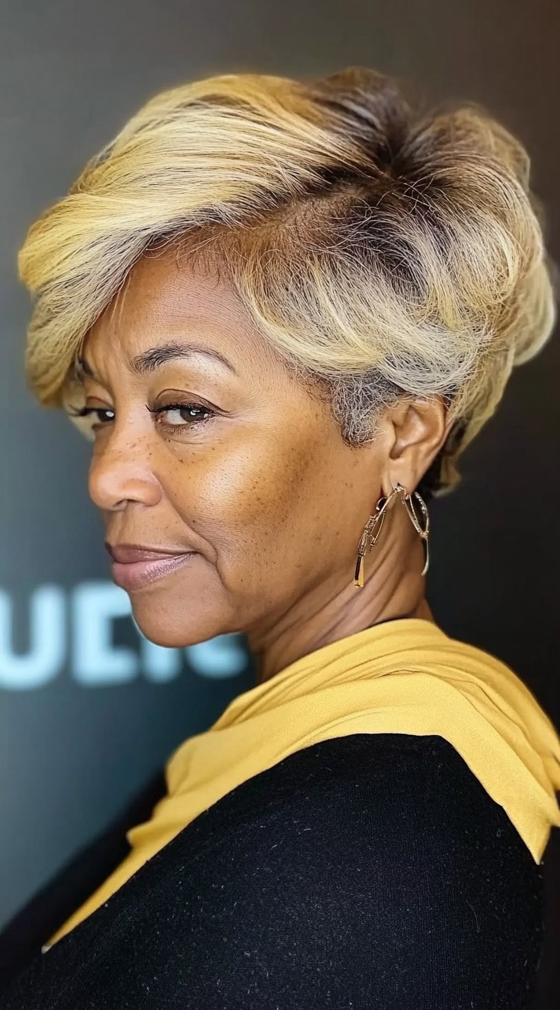 A stylish older Black woman with a feathered blonde pixie cut, featuring soft layers that add volume and movement.