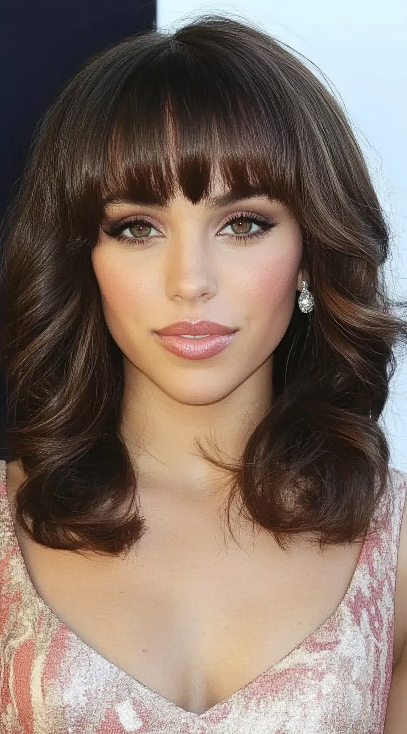 A woman with shoulder-length voluminous curls and sleek blunt bangs, wearing an elegant dress and statement earrings.