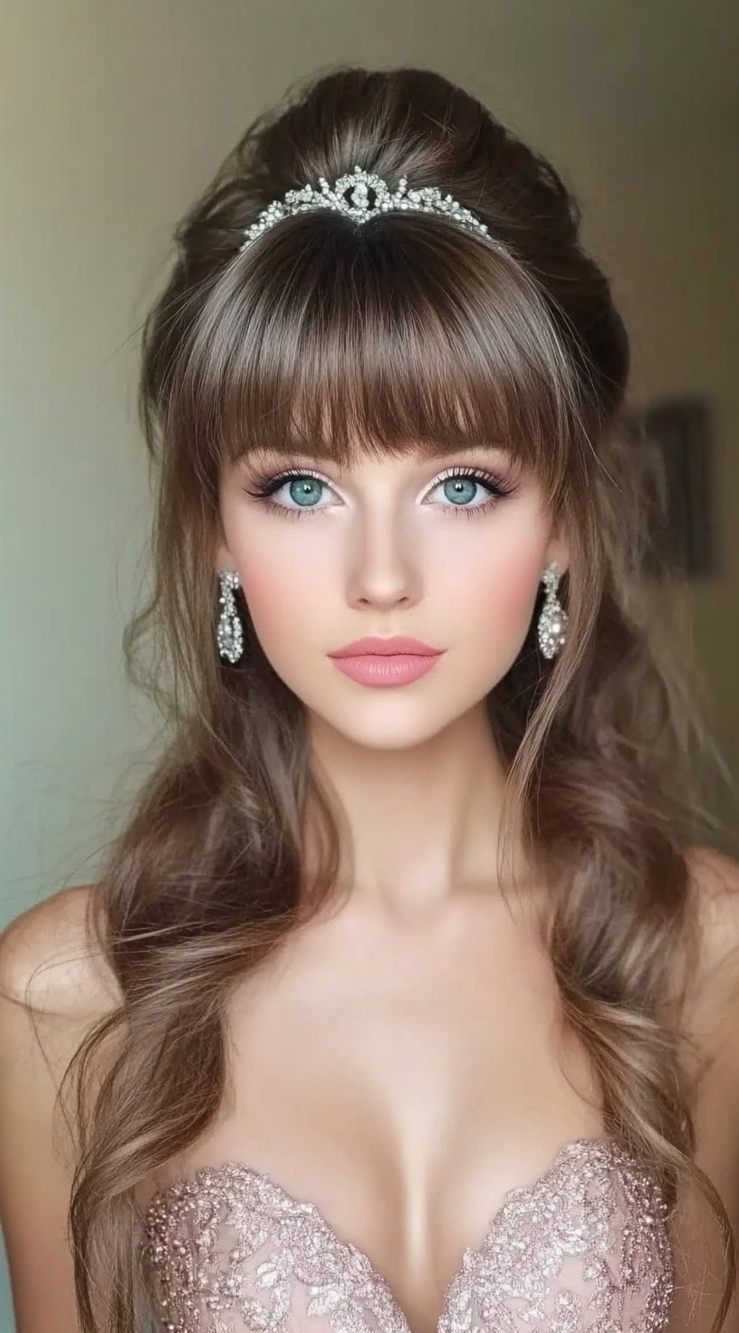 A young woman in a strapless, sparkly blush dress with a half-up bouffant and cascading curls, accessorized with a delicate tiara.