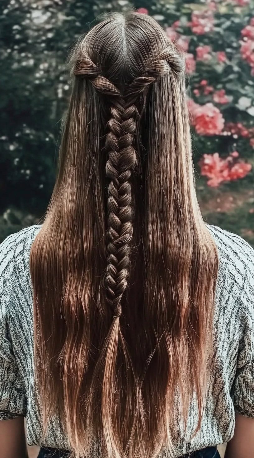 A woman with chestnut brown hair styled into a half-up crown braid that flows into a single, thick plait down her back.