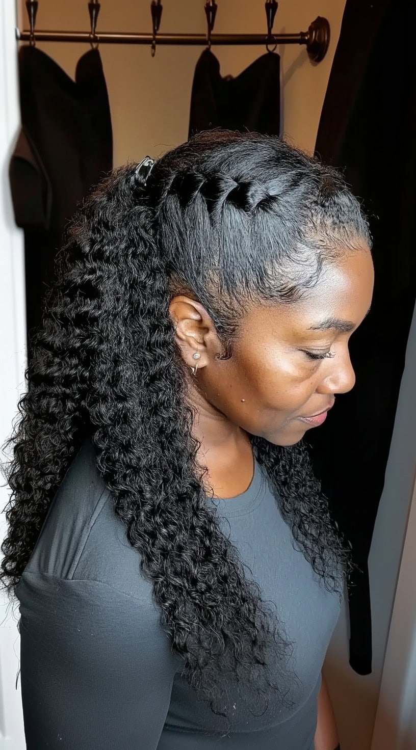 A woman with a half-up braided weave featuring tight, defined curls cascading down her back.