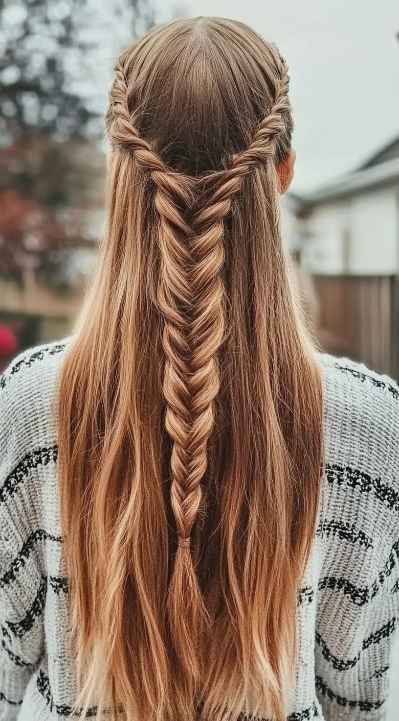 A woman with long, golden-brown hair styled into a half-up fishtail braid with softly curled ends, wearing a cozy knit sweater.