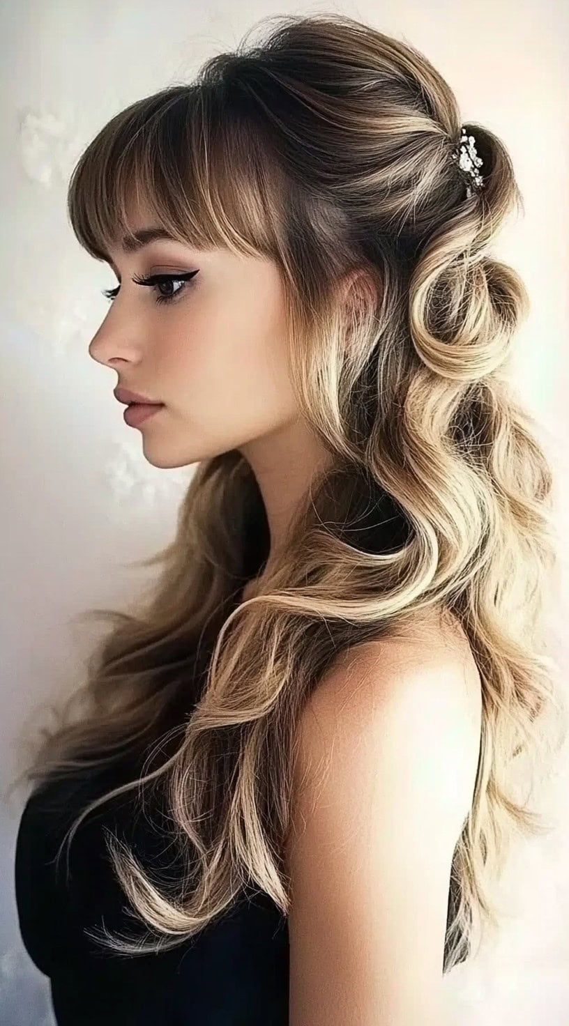 A side-profile view of a woman with voluminous half-up Hollywood curls and curtain bangs, accentuated with a decorative hairpin.