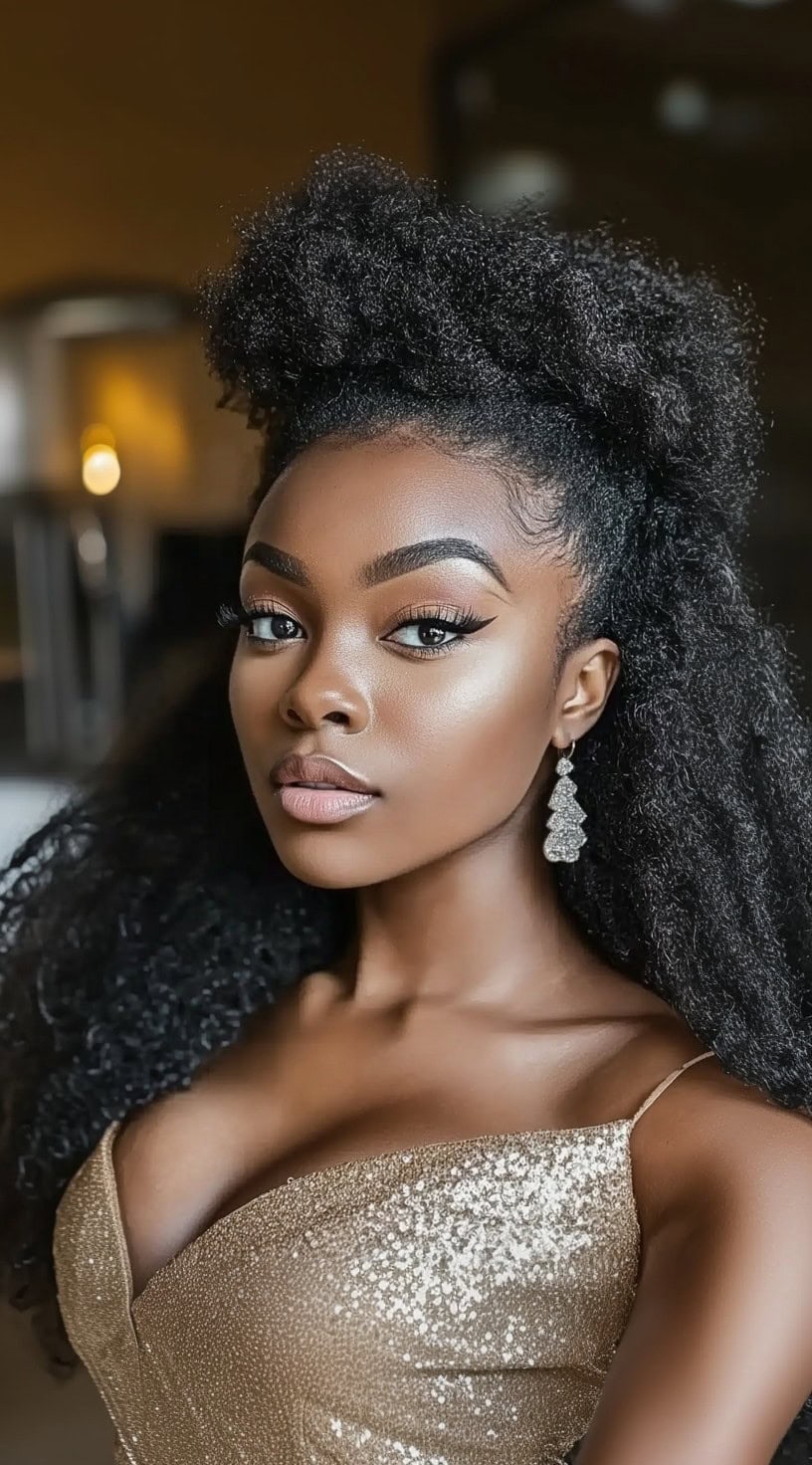 A woman with a half-up, half-down natural afro hairstyle, with voluminous curls framing her face and a small puff sitting at the crown.