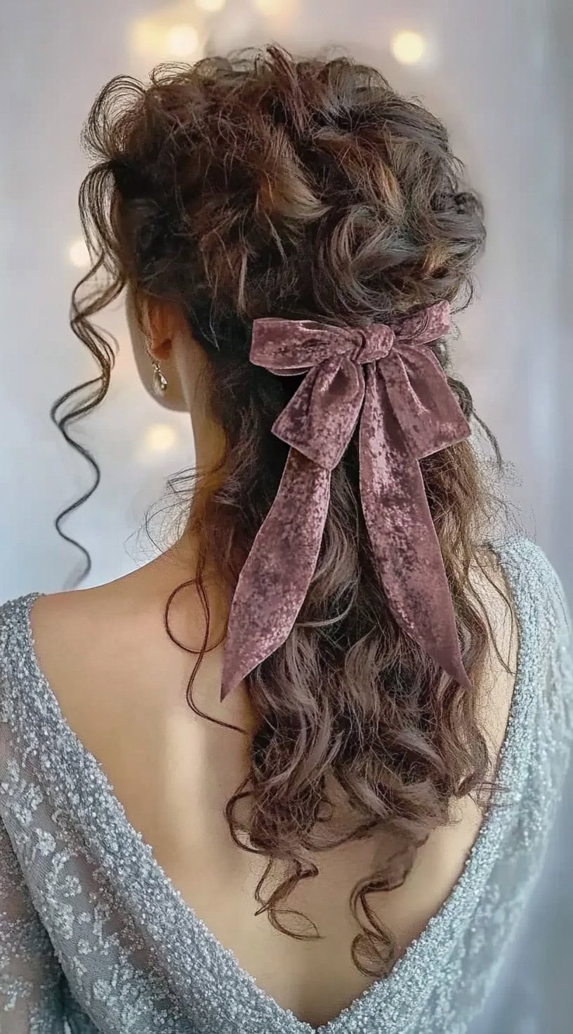 A woman with voluminous, textured curls styled in a half-updo, secured with a dusty pink velvet bow, wearing a silver lace gown.