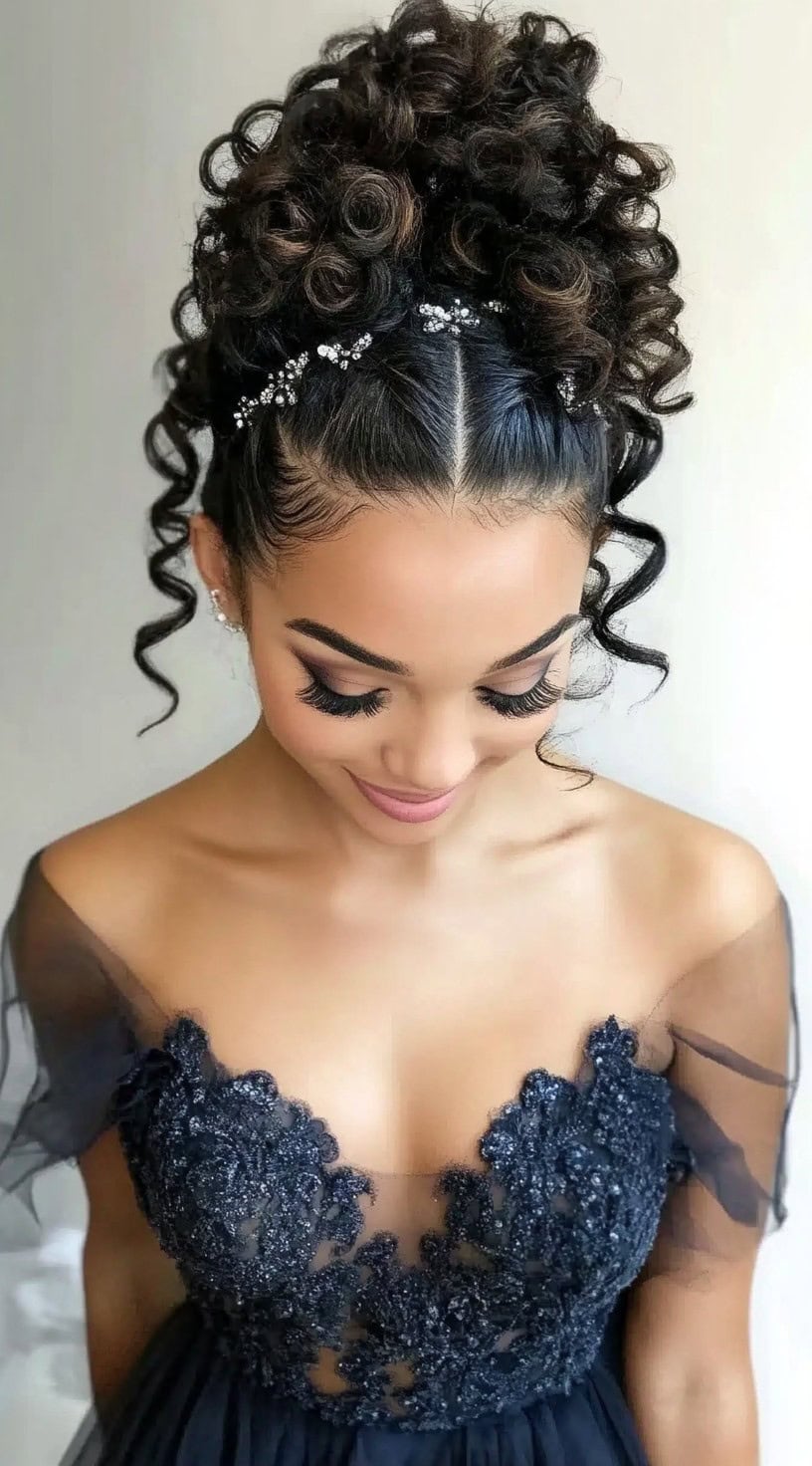 A woman with a high, voluminous curly bun, styled with twisted sections and sparkling hair embellishments, wearing a navy lace gown.