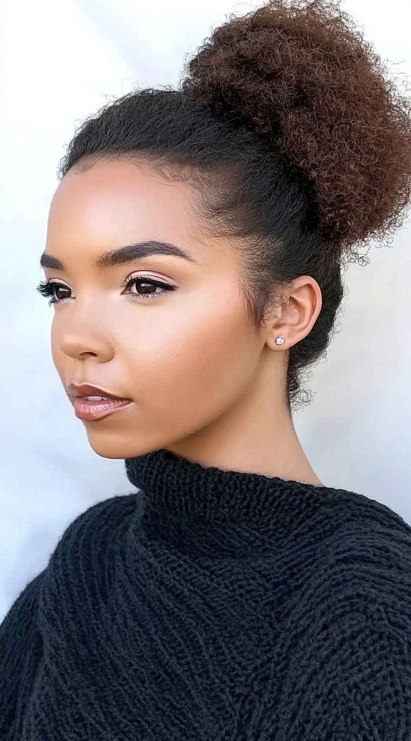 A woman with a high, voluminous curly puff secured at the crown, wearing a black turtleneck and diamond stud earrings.
