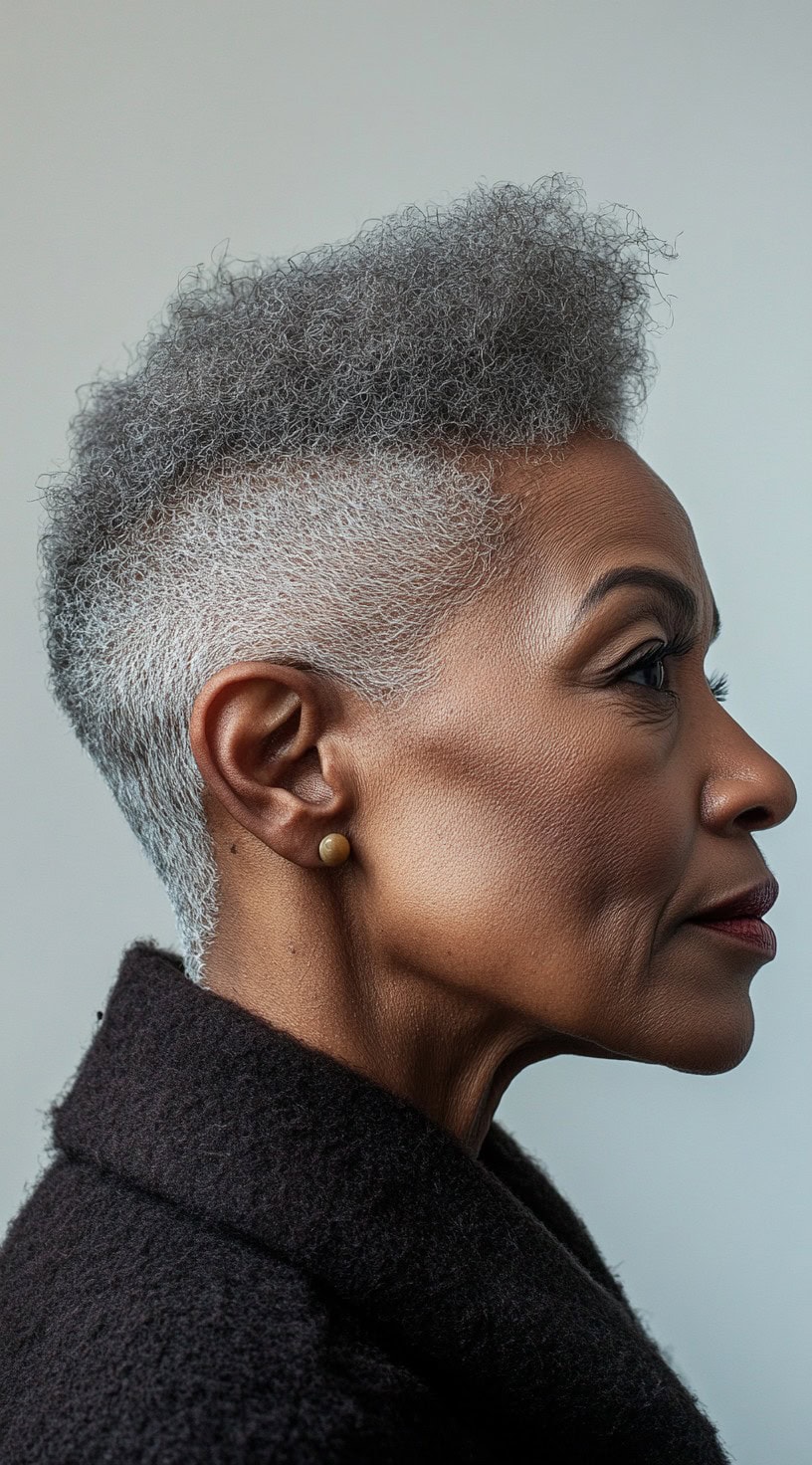 A sophisticated older Black woman in profile, showcasing a natural-textured high top fade with sharp sides and soft volume on top.