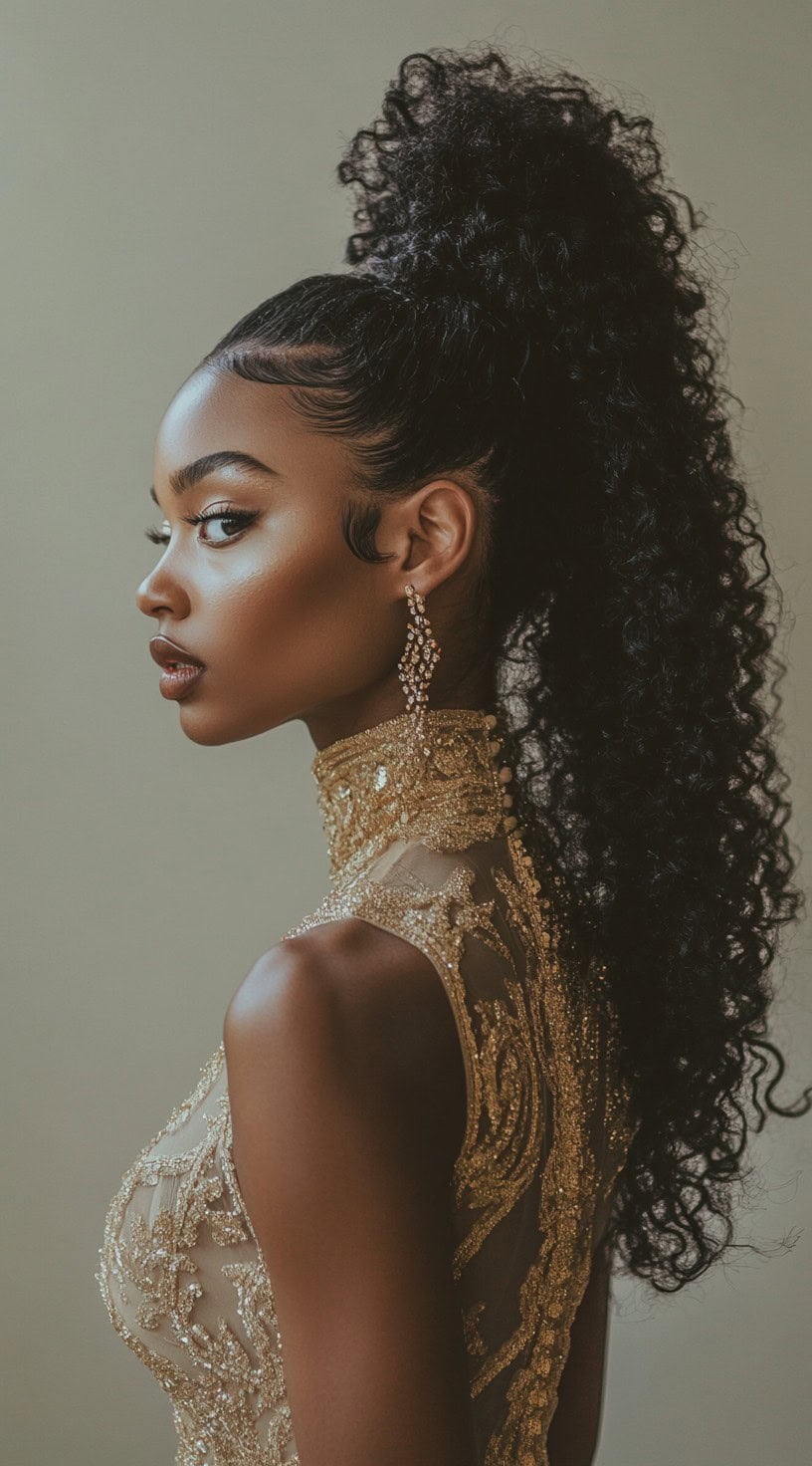 A woman with a high, voluminous curly ponytail, sleek sculpted edges, and diamond drop earrings, wearing a gold-embellished gown.
