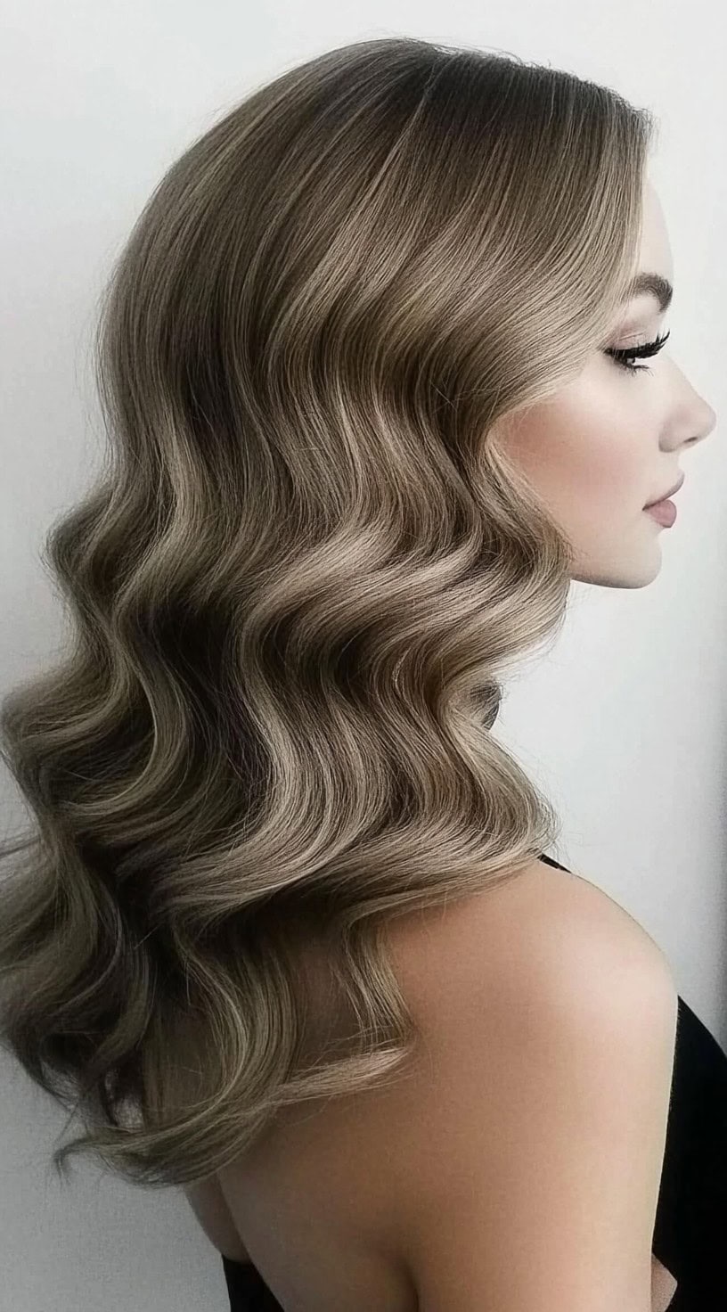 A woman with smooth, polished Hollywood waves cascading down her shoulders, exuding old-Hollywood glamour with a modern touch.